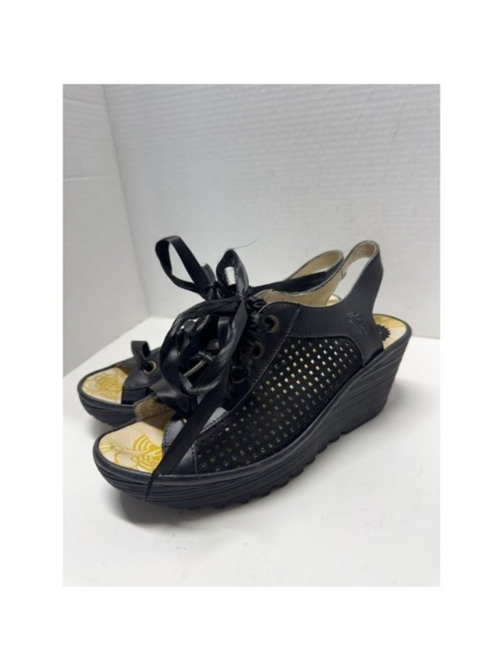 Fly London Yala Black Leather Perforated Lace Up Wedge Sandals Size 40 9.5